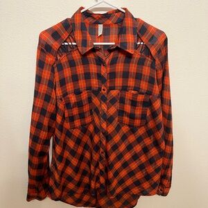 Free People Orange & Blue Plaid Shirt